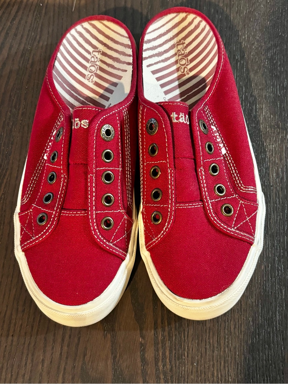 Taos Footwear Red Canvas Slip-On Sneakers with White Trim